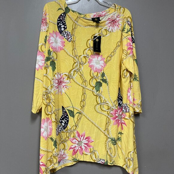 JM Collection Jacquards Golden Day Floral Chain Print Womens Yellow Blouse 1X - Picture 1 of 2